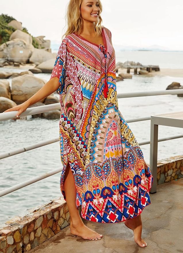 Venasha Womens Caftan Floral Print Kaftan Dress Short Sleeve Swimsuit Cover up Loungewear for Summer