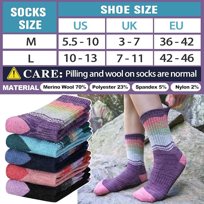 Sandsuced Merino Wool Hiking Warm Socks Thermal Winter Cozy Crew with Cushioned Sole & Moisture Wicking 5 Pairs for Women