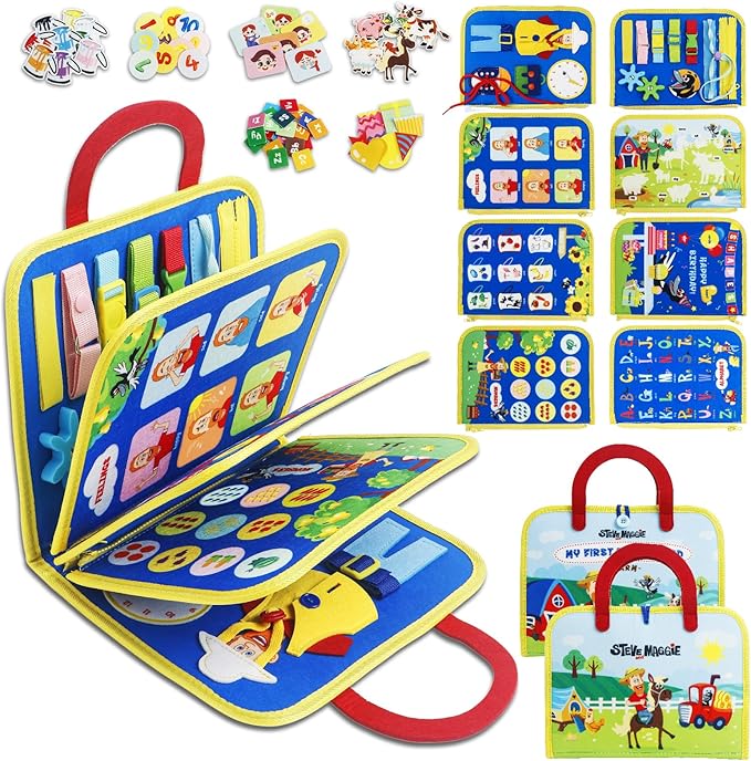STEVE and MAGGIE Montessori Busy Board & Book - Newly Upgraded Sensory Travel Toy for Toddlers | Educational Activities to Learn Fine Motor Skills | Unisex Birthday Gift