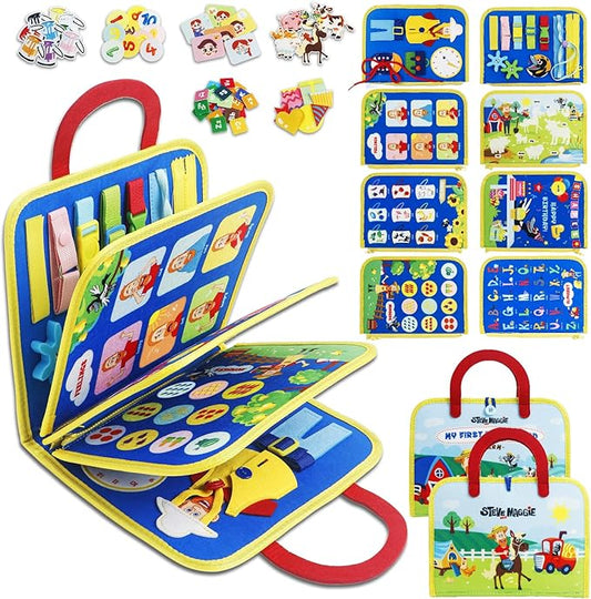 STEVE and MAGGIE Montessori Busy Board & Book - Newly Upgraded Sensory Travel Toy for Toddlers | Educational Activities to Learn Fine Motor Skills | Unisex Birthday Gift