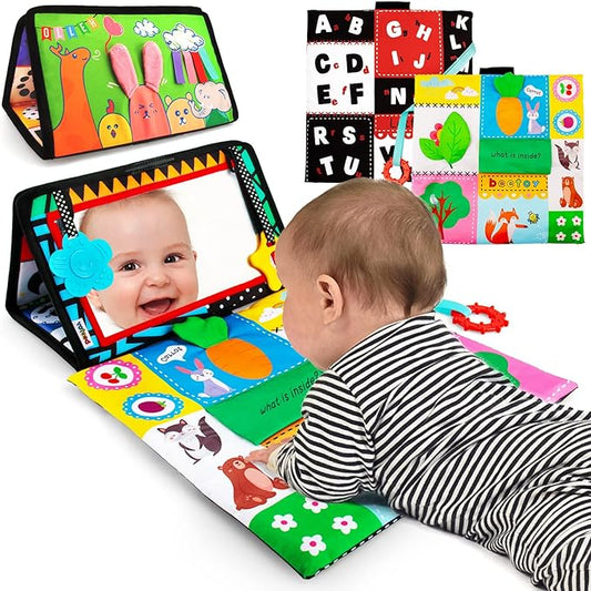 beetoy Tummy Time Toy for Infant, Newborn Sensory Toy 0 3 Months Baby Brain Development with Crinkle Mat Teether, High Contrast Baby Mirror Toys 2 4 5 0-6 Month Boys Girls Visual Muscles Shower Gifts