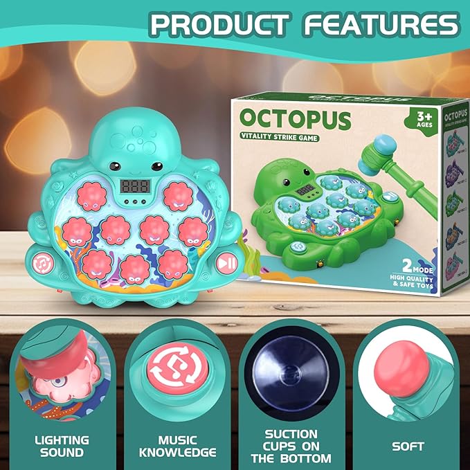 Octopus Vitality Strike Game, Educational Musical Whack-A-Mole Toy with 2 Game Modes, Digital Score Display, Ages 2+ (Multicolored)