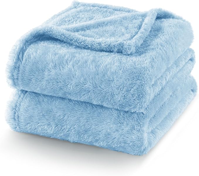 Exclusivo Mezcla Fuzzy Plush Fleece Bed Blanket Queen Size, Light Blue | 90x90 Inches, Super Soft and Cozy Bed Blanket, Fluffy Decorative Bedding for Livingroom, Bedroom, All Season