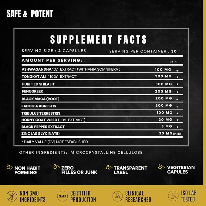 Men's Testosterone Support–10-in-1 Horny Goat Weed with Tongkat Ali, Ashwagandha, Shilajit, Maca, Fadogia Agrestis, Tribulus & More – Energy, Vitality & Libido Support – 60 Vegan Capsules
