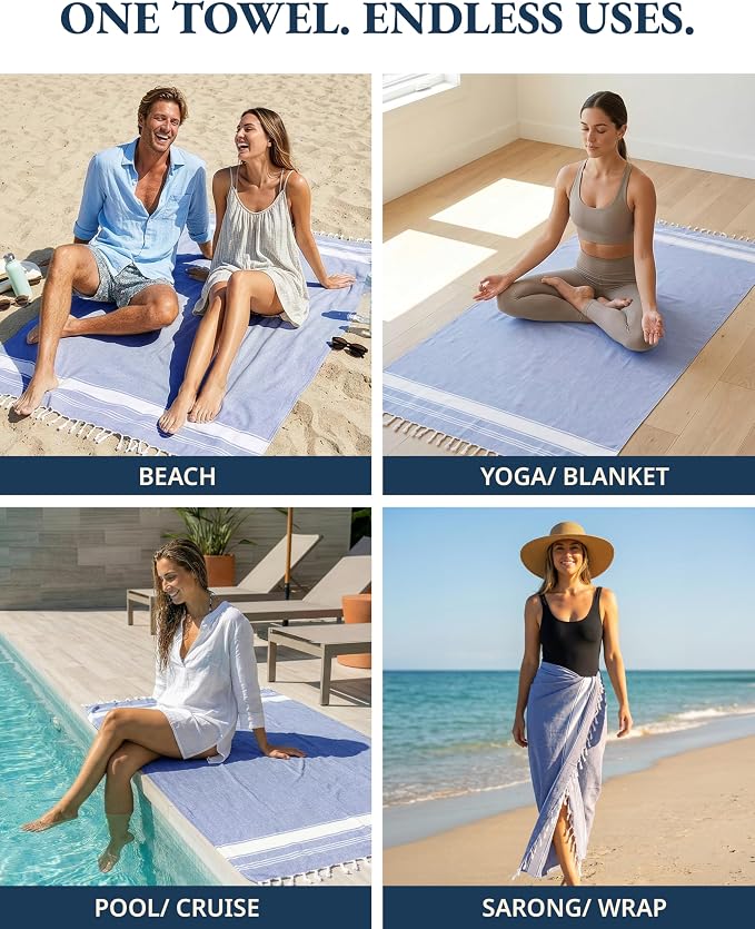 LANE LINEN Beach Towels 4 Pack Oversized - Turkish Towel Set, Pre-Washed Oversized Beach Towel, Quick Dry Beach Towels for Travel, Beach Towel Large, Sand Free Towel,39"x71" - Forever Blue