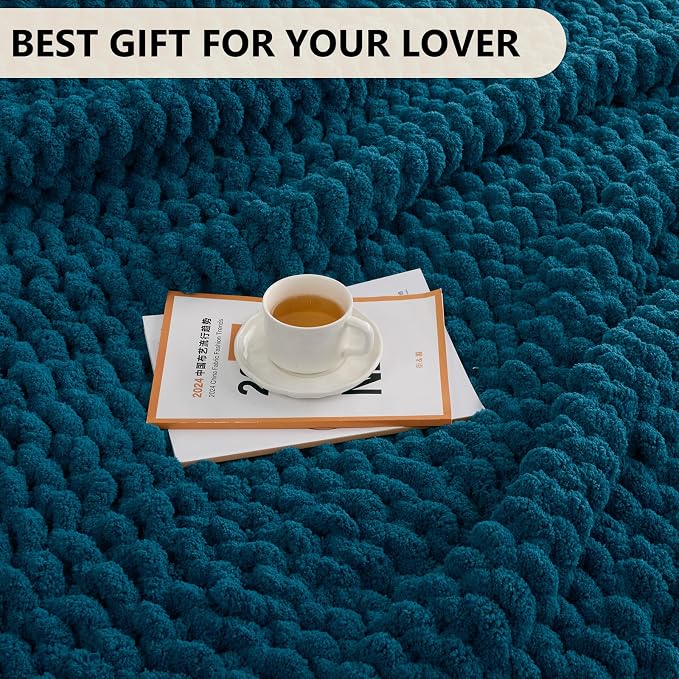 L'AGRATY Chunky Knit Throw Blanket for Couch, 72'' x 84'' Knit Throw, Blue | Handmade Chenille Crochet Blanket for Sofa Bed, Thick Cable Knitted Blankets for Room Home Decor, Birthday Gift for Women Mom