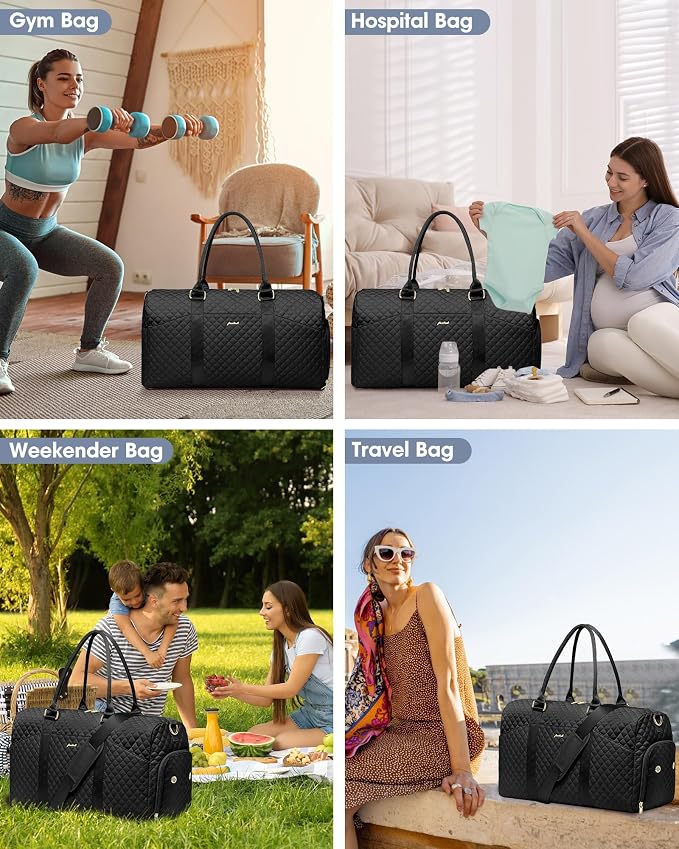 Women Weekender Travel Duffle Bag: Travel Duffel Overnight Bags with Shoe Compartment Large Carry on Tote with 2 Toiletry Bags Weekend Traveling Yoga Gym Hospital Bag for Womens with Wet Pocket Black