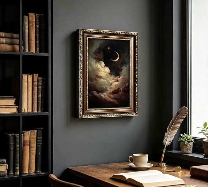 Vintage Gold Framed Crescent Moon Cloud Wall Art, Dark Academia Celestial Starry Sky Oil Painting Print, Antique Ornate Mystical Night Sky Wall Decor, Gothic Cottagecore Home Decor, 9x11in