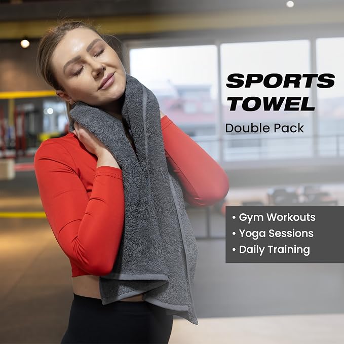 Sports Towel - Double Pack (2 Pieces), 12"x51", Dark Gray, 100% Cotton - Oeko-Tex Certified, Very Absorbent and Quick-Drying, for Fitness, Gym and Yoga