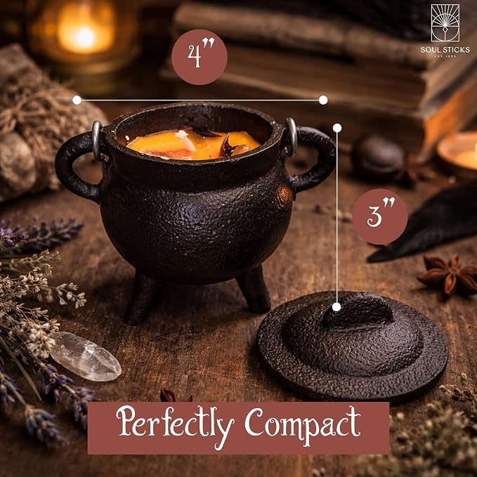 Reusable 4 Inch Cast Iron Cauldron Candle with Lid and Hanging Handle for Spell Casting, Smudging, Ritual & Blessings Pot Belly Witchcraft Candle Aromatherapy Scented (Palo Santo)