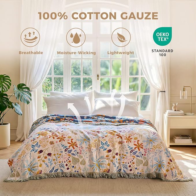 LUTBM Boho Throw Blanket for Couch 50"x60", Cotton Decorative Bed Throws | Reversible Floral Leaves Jacquard, All-Season Lightweight Soft Blanket, For Chair Sofa Bedroom Living Room Decor, Accent Gift