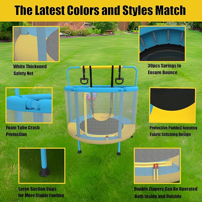 60" Trampoline for Kids, 5ft Toddler Mini 6-in-1 Trampoline Indoor Outdoor with Swing, Basketball Hoop, Dart Board, Rings, Christmas Toys Birthday Gifts for Girls Boys