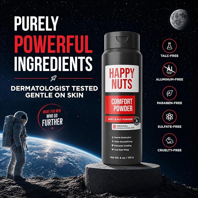 HAPPY NUTS Comfort Powder Deodorant For Men: Anti-Chafing, Sweat and Odor Control for Jock Itch, Aluminum-Free, 6 oz (1 Pack), Original Scent