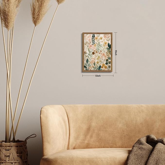 Framed Boho Floral Wall Art, Neutral Botanical Wildflower Canvas Wall Decor Painting, Vintage Flower Poster Print Picture for Living Room Bathroom Bedroom 12x16 Inch