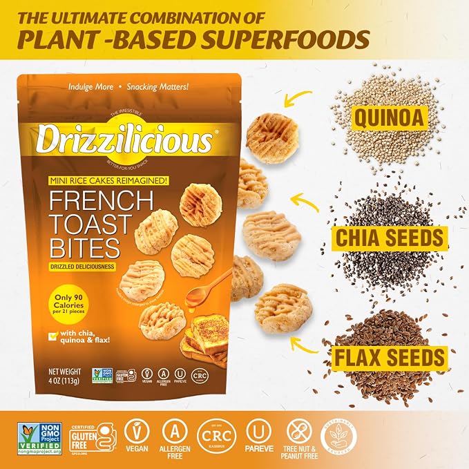 Drizzilicious Mini Flavored Rice Cakes French Toast - Rice Crisps, Healthy Snack for Adults and Kids, Vegan, Gluten Free Snack, Allergen Free, Only 90 Calories Per Bag - .74 oz (Pack of 20)