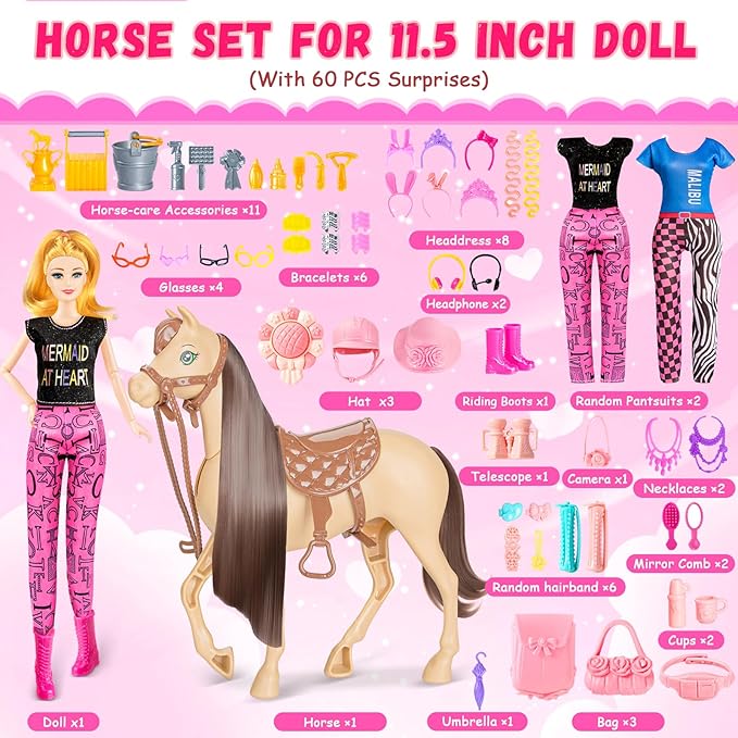 60 PCS Doll Horse Set Toy, Fashion Blonde Doll(11.5 Inch) in Riding Helemt Doll Accessories & Light Brown Horse with Moveable Head, Saddle, Bridle and Reins, for Ages 3 Years Old & Up