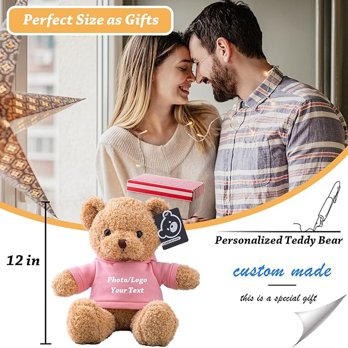Personalized Teddy Bear Stuffed Animal, Stuffed Bear Plush with Customized Text+ Picture as Personalized Gifts for Girlfriend/Boyfriend on Valentines Day/Birthday/Christmas Day (12 in-Pink)