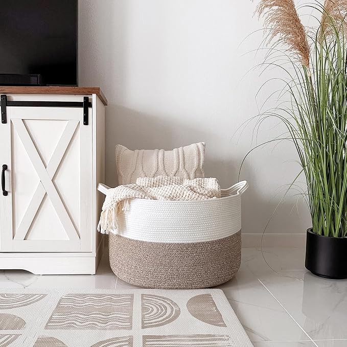 INDRESSME XXXLarge Woven Rope Blanket Basket Living Room Brown, 90L | 21.7" x 13.8" Storage baskets for toys laundry & pillows. Fits living room, bedroom or nursery décor. Soft-touch with handles