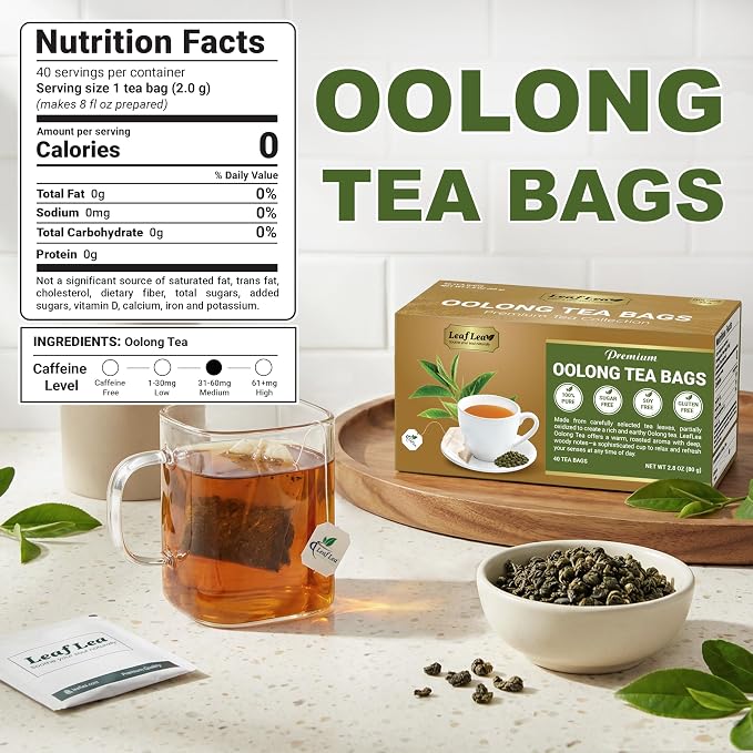 LeafLea Oolong Tea Bags, Post-Meal Comfort & Daily Ease, 80 Count | Te Oolong From Whole Camellia Sinensis Leaves, Mellow Golden Cup, Caffeinated, Sugar-Free, Individually Wrapped