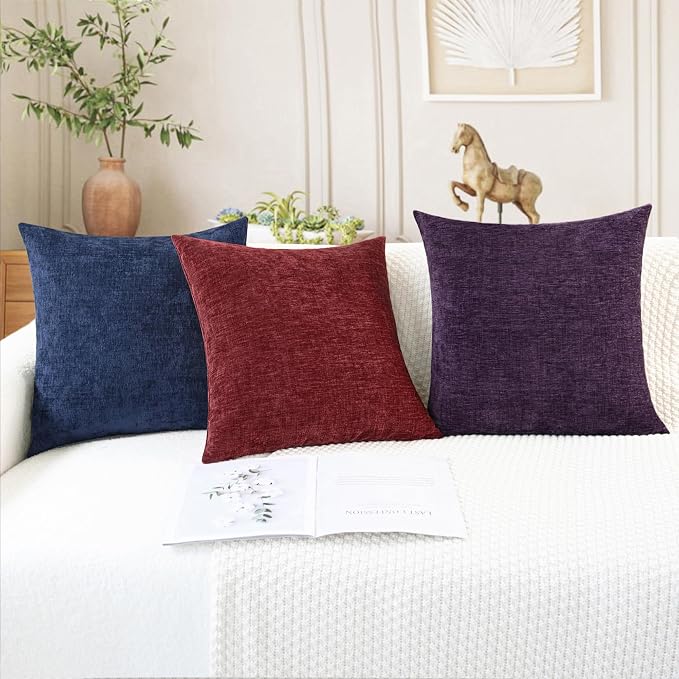 CaliTime Decorative Couch Throw Pillow Covers 24 X 24 Inches Plum Purple | Pack of 2, Cozy Chenille Cushion Cases for Sofa Bed Living Room Farmhouse Home