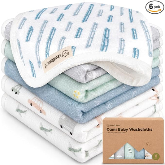 6-Pack Cotton Baby Washcloths for Newborn - Organic Cotton Muslin Soft Wash Cloths for Babies, Infant, Kids, Toddler Towels for Boy, Girl, Super Absorbent Face Cloths, Scratch-free Baby Rags (Vessels)