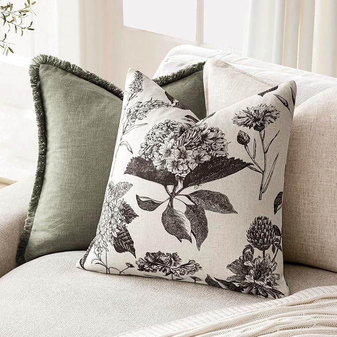 Foindtower Set of 2 Linen Floral Vintage Throw Pillow Covers Neutral Accent Print Decorative Cushion Covers Farmhouse Boho Home Decor for Sofa Chair Couch Bedroom Living Room,24×24 Inch,Black