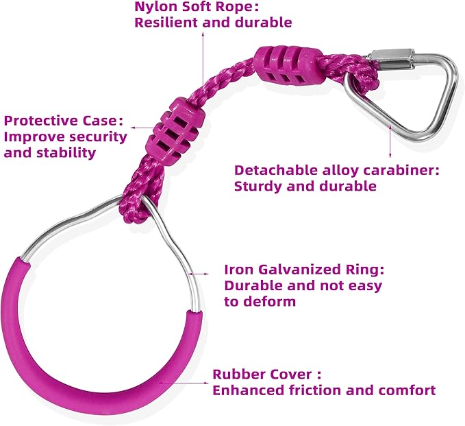 Swing Gymnastic Ring Warrior Obstacle Course Slackline Climb Trapeze Fist Training Equipment, 2 Purple Ninja Monkey Bar Hang Jungle Fist Workout Outdoor Indoor Home Gym Backyard Playground Play Sets