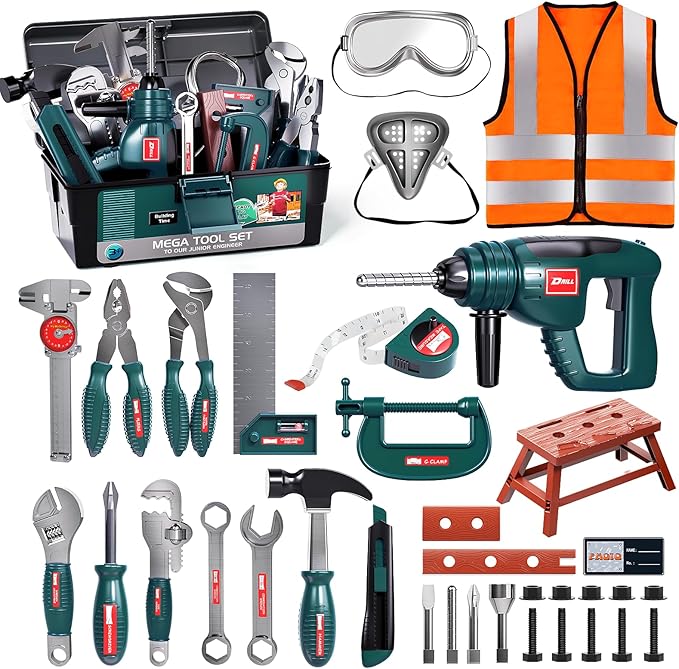 Deejoy Tool Set with Tool Box & Electronic Toy Drill, Pretend Play Kids Construction Kits for Kids Ages 3-5 Years Old, Toddler Boy Toys (Green)