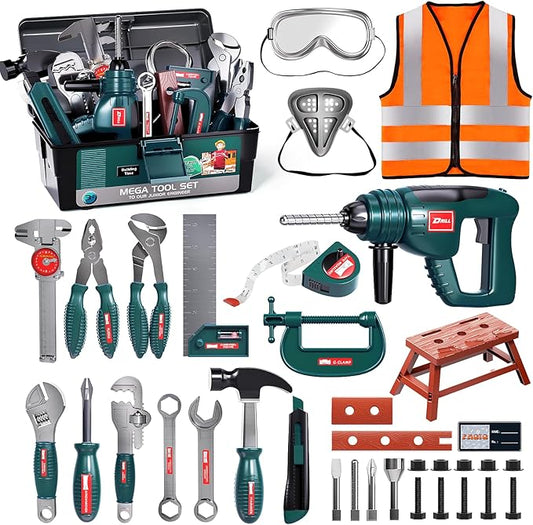 Deejoy Tool Set with Tool Box & Electronic Toy Drill, Pretend Play Kids Construction Kits for Kids Ages 3-5 Years Old, Toddler Boy Toys (Green)