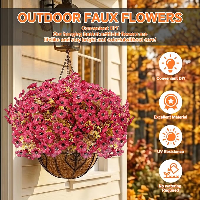 Artificial Flowers for Outdoor,Silk Flowers No Fade Fake Plastic Flowers Faux Plants for Outdoors Outside Front Porch Hanging Planter Window Box Garden Home Decoration,13 Pack Dark Red | Silk Flowers Fake Plastic Flowers Faux Plants for Outside Front P...