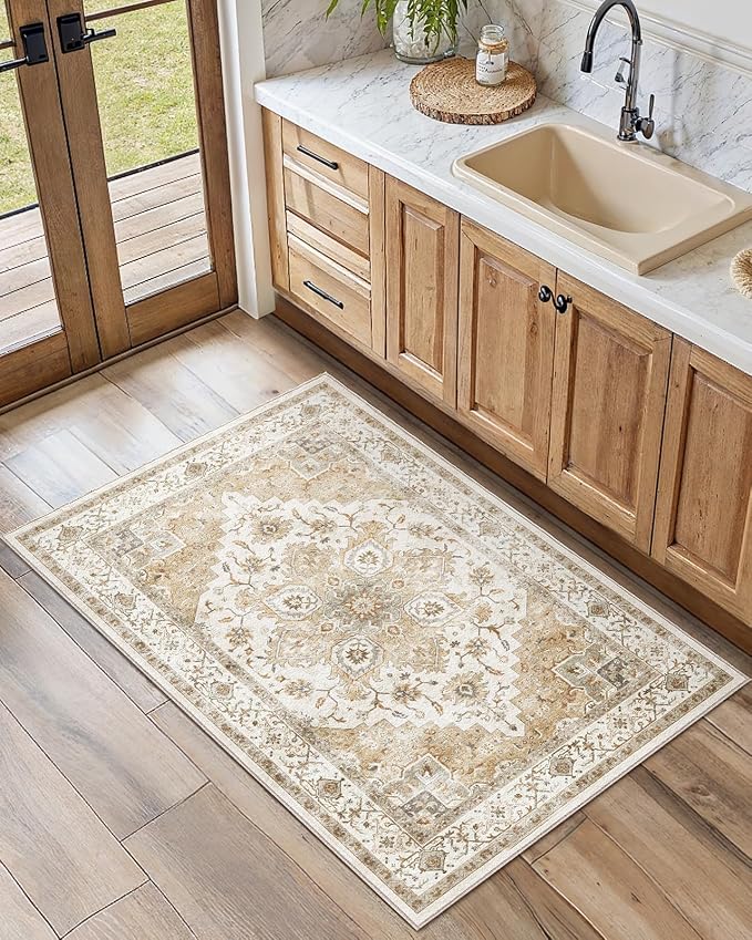 AMADA HOMEFURNISHING 2x3 Washable Area Rug, Low-Profile Entryway Rug with Non-Slip Backing & Durable Edge Binding, Vintage Rug Pattern, Small Rugs for Entryway, Kitchen & Living Room