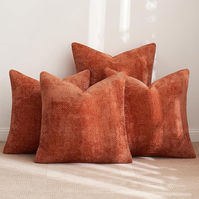 MIULEE Decorative Chenille Fall Pillow Covers Burnt Orange 16x16 Pack of 4 | Fall Home Decor, All Same Color Set, Couch Throw Pillows, Farmhouse Boho Cushion Covers for Sofa Bed Living Room