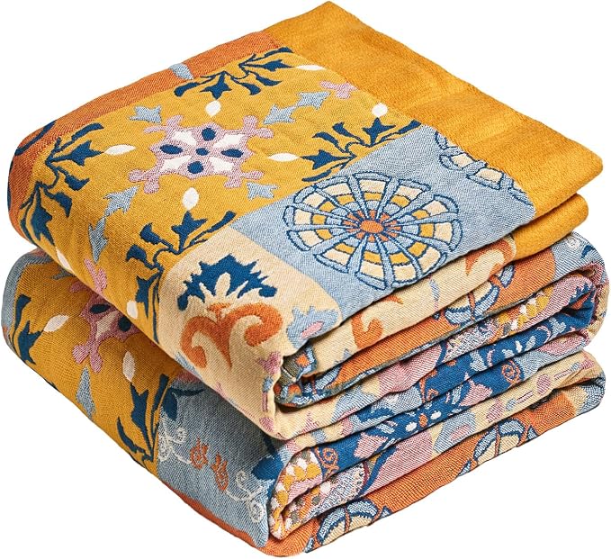 MSGKV Boho Throw Blanket 90"x108" 100% Cotton Roman Muslin King Blanket | 100% Cotton Muslin, King Size Throw Blanket, Soft & Breathable, Lightweight Comfort, Bedroom Home Accent, Machine Washable