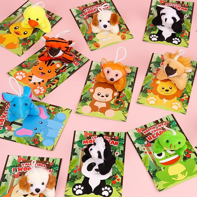 24 Pack Valentines Day Cards for Kids Classroom with Valentines Animals Plush Toys Valentines Day Gifts for Kids School Valentines for Class Exchange Cards Valentines Party Favors Prizes Girls Boys