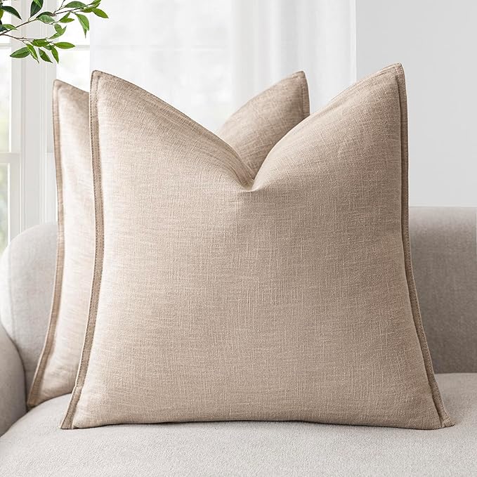 Foindtower Pack of 2, Decorative Linen Solid Throw Pillow Covers Soft Accent Cushion Case Farmhouse Neutral Pillowcase for Chair Couch Sofa Bedroom Living Room Home Decor 16 x 16 Inch Tan Beige
