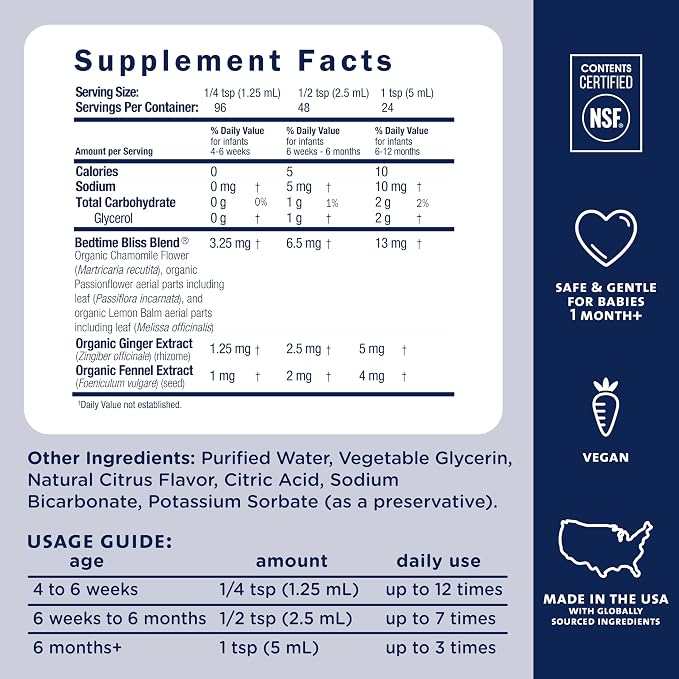 Mommy's Bliss, Bottle, Mommy's Bliss Night Time Gripe Water for Baby's Tummy Trouble - Relieves Occasional Infant Stomach Discomfort from Gas, Colic, Fussiness, Hiccups , 4 Fl Oz