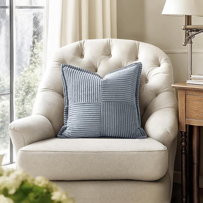 MIULEE Decorative Throw Pillow Covers for Couch 20x20 Inch Dustyblue 2 Pack | Boho Broadside Striped Patchwork Pillow Covers, Soft Corduroy Cushion Cases, For Sofa Bed Livingroom Home Decor