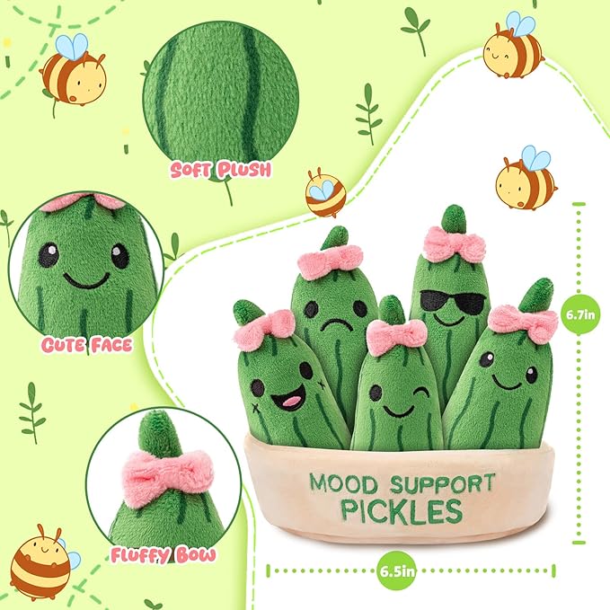 Mood Support Stuffed Animals Pickles: 5 Squishy Plushie Pickles in Basket | Emotional Relief Cute Plush Pickle Stuffed Toy | Christmas Stocking Stuffers, Valentine's Day & Birthday Gifts for Adults