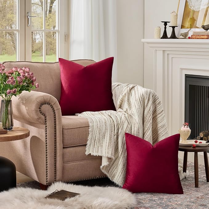 GIGIZAZA Burgundy Velvet Pillow Covers 26x26 Decorative Pillows Pack of 2 | Red Throw Pillows for Couch,Euro Sham,280gsm Soft Textured Fabric,Modern Pillowcases,Luxury Cushion Covers