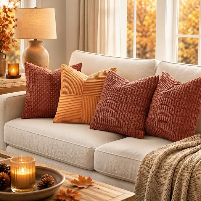 MIULEE Fall Decorative Throw Pillow Covers 18x18 Dark Rust Pack of 2 | Terracotta Soft Corduroy Boho Striped Pillow Covers Modern Farmhouse Autumn Home Decor For Sofa Living Room Couch Bed