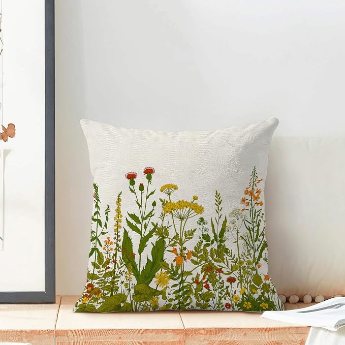 AEIOAE Yellow and Green Pillow Covers 16x16 Inch Set of 2, Spring Wildflower Plant Throw Pillows Case,Seasonal Floral Outdoor Decorative Flowers Farmhouse Decor Cushion Covers for Home Sofa Bed Couch