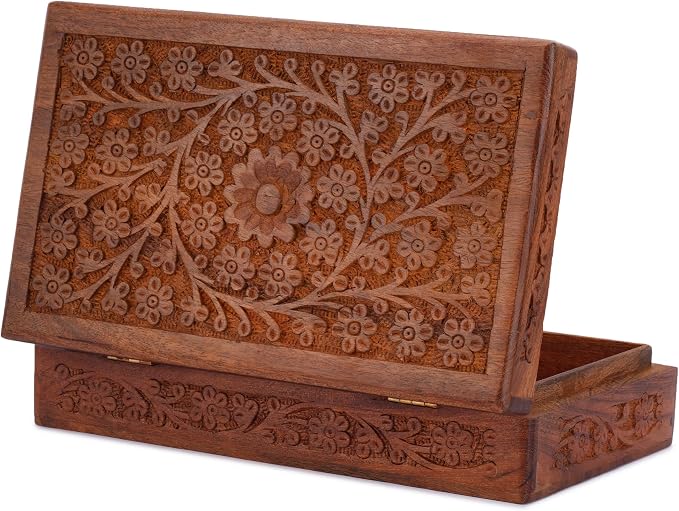 Ajuny Wooden Handcarved Decorative Jewelry Storage Box Flower Design Multipurpose Treasure Chest Keepsake Organizer Necklaces Watch Boxes Great for Gifts 10x6 Inch