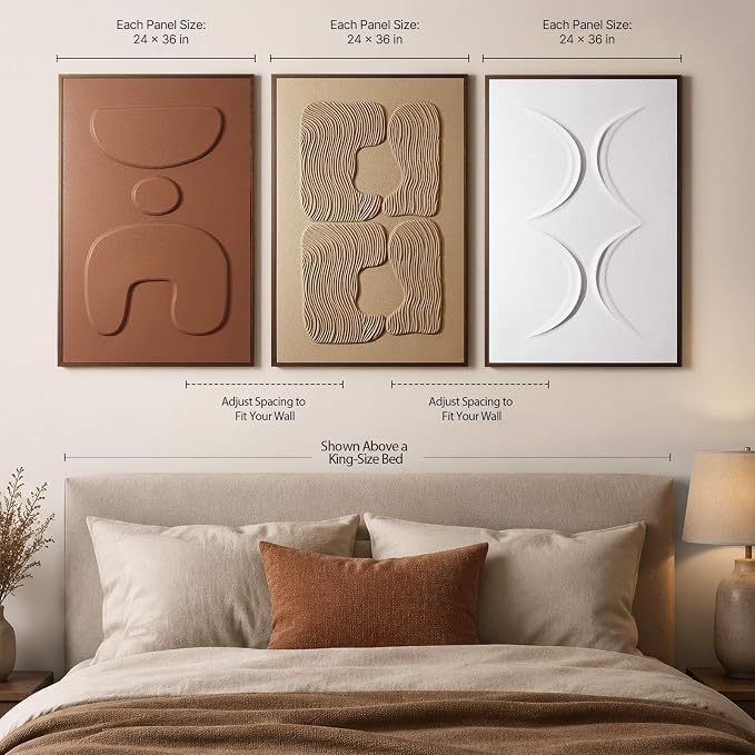 Thalasse Abstract Wall Art Large Framed 3D Ochre Terracotta 24x36 In | Wabi Sabi sandstone artwork, solid Catalpa wood frame, minimalist triptych hallway entryway, set of 3
