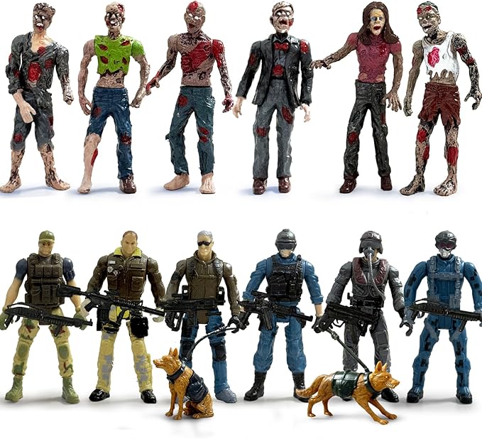 Army Men VS Zombie Action Figures, Realistic 6 Zombie Toys Playset 6 Army Toy Set with 2 Dog Figures, Halloween Decor for Boys 4-7 (14PCS)