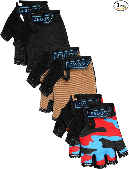 Boao 3 Pairs Kids Half Finger Bike Gloves Non-Slip Breathable Adjustable Birthday Gift for Boys Girls for Bike Workout
