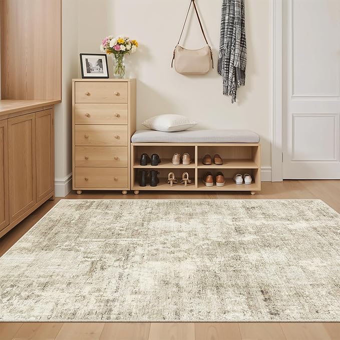 Soalmost Abstract 3x5 Rugs, Small Kitchen Entryway Area Rug Beige/Gray | Vintage Low Pile Carpet for Nursery Coffee Table Bathroom, Foldable Stain Resistant Indoor Door Mat Entrance Powder Room