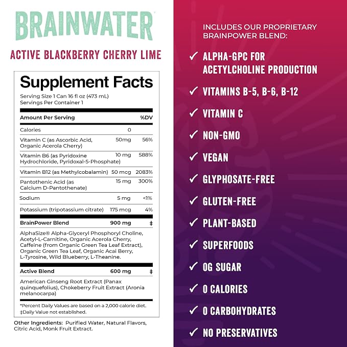 BrainJuice BrainWater Calm, Water for Clean Energy, Focus & Relaxation Support, Gluten Free, Zero Sugar Drinks with Ashwagandha, Alpha GPC, Vitamin C & B, Organic Green Tea, 8 Pack (Blackberry Cherry Lime)