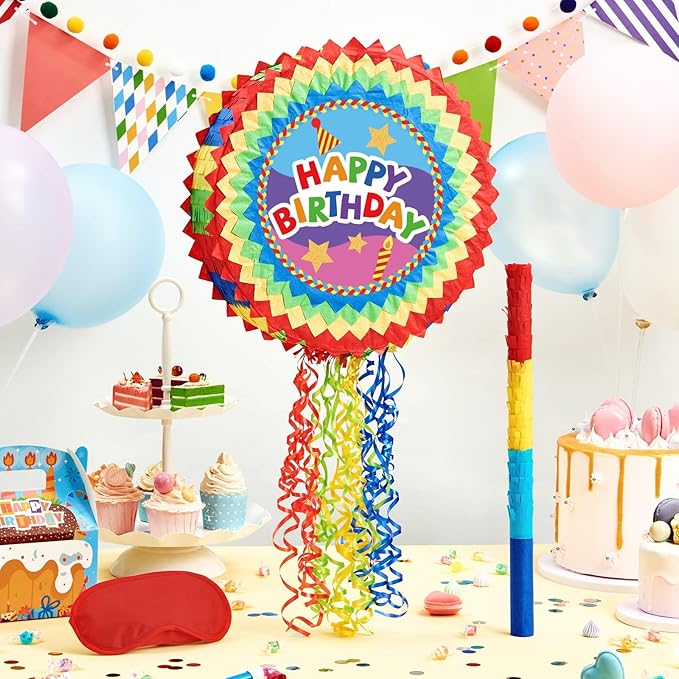WERNNSAI Happy Birthday Pinata - Happy Birthday Party Games for Kids Birthday-themed Party Supplies Sunflower Party Decorations Mexican Color Design Sunshine Decor Favors with Stick & Blindfold