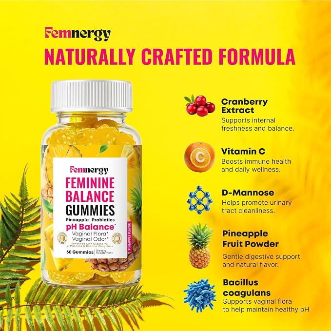 Feminine Balance Probiotic Gummies for Women - Vaginal Health & pH Balance Natural Gummy Supplement with Probiotics Pineapple Cranberry Vitamin C - Women's Healthy Odor & Flora Support - Gluten-Free