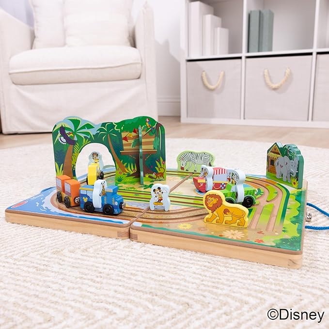 Melissa & Doug Disney Take-Along Safari Adventure Wooden Play Set with Built-in Tracks – 20 Pieces | Mickey Mouse, Minnie, Wooden Toy for Boys and for Girls 3+ - FSC Certified